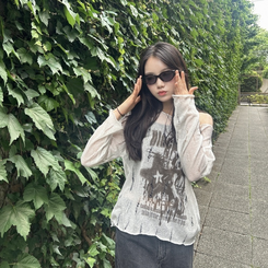 長袖Tシャツ レタリングシースルーニット OATMEAL