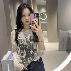 長袖Tシャツ レタリングシースルーニット OATMEAL