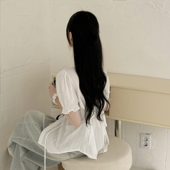 [청순러블리] 펀칭 허리 리본 스트랩 시스루 반팔 퍼프 여름 블라우스 화이트 블랙 화이트