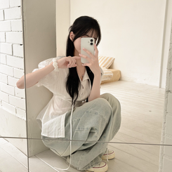 [청순러블리] 펀칭 허리 리본 스트랩 시스루 반팔 퍼프 여름 블라우스 화이트 블랙 화이트