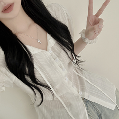 [청순러블리] 펀칭 허리 리본 스트랩 시스루 반팔 퍼프 여름 블라우스 화이트 블랙 화이트