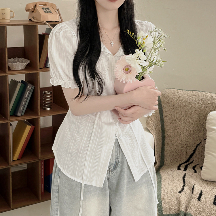 [청순러블리] 펀칭 허리 리본 스트랩 시스루 반팔 퍼프 여름 블라우스 화이트 블랙 화이트