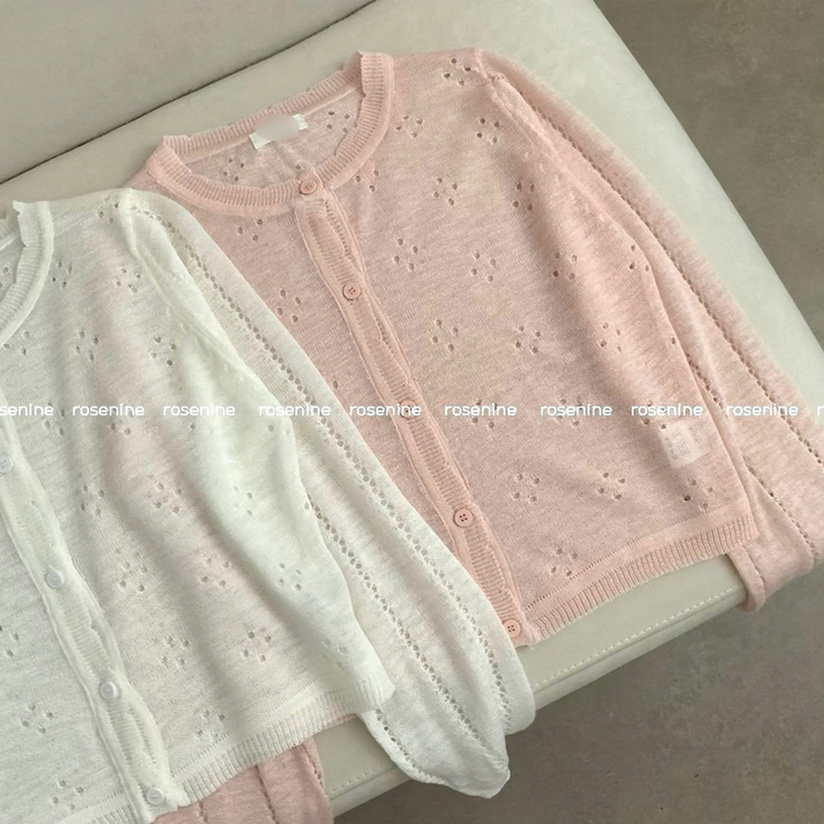 러뷰 펀칭 라운드넥 긴팔 여름 니트 가디건 레이어드 핑크