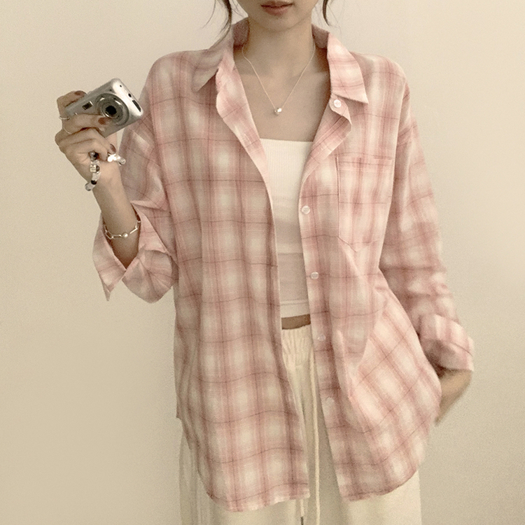 여름에도 시원한 레트로 포켓 카라 오버핏 체크 긴팔 셔츠 루즈핏 파스텔 여름 남방 3color 핑크