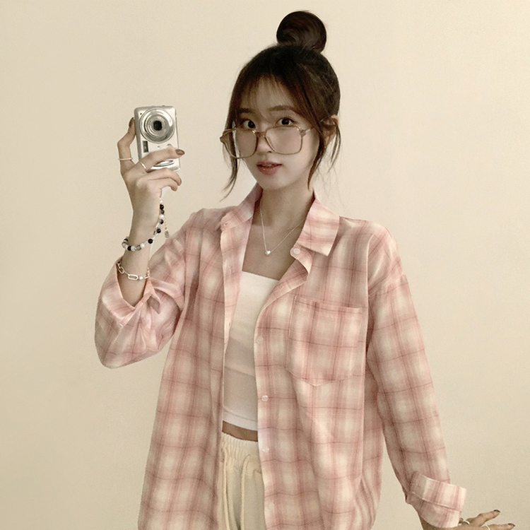 여름에도 시원한 레트로 포켓 카라 오버핏 체크 긴팔 셔츠 루즈핏 파스텔 여름 남방 3color 핑크