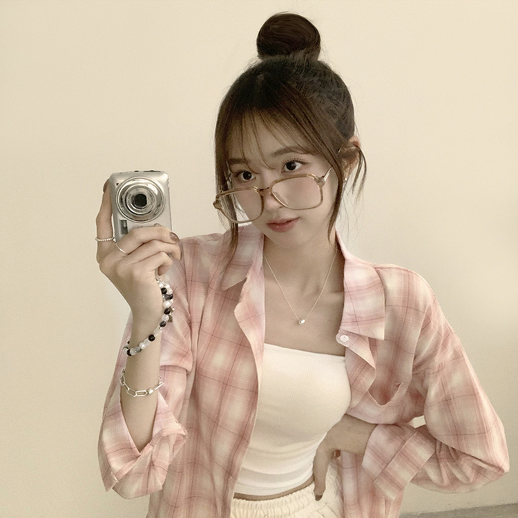 여름에도 시원한 레트로 포켓 카라 오버핏 체크 긴팔 셔츠 루즈핏 파스텔 여름 남방 3color 핑크