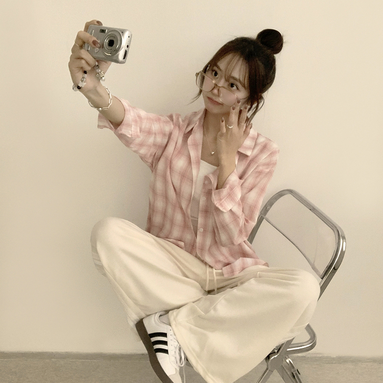 여름에도 시원한 레트로 포켓 카라 오버핏 체크 긴팔 셔츠 루즈핏 파스텔 여름 남방 3color 핑크