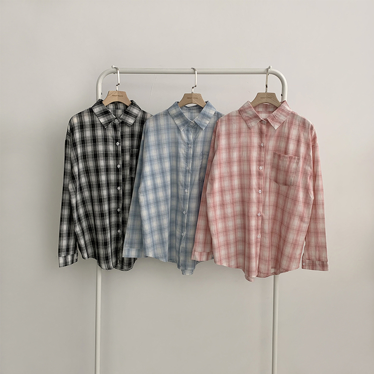 여름에도 시원한 레트로 포켓 카라 오버핏 체크 긴팔 셔츠 루즈핏 파스텔 여름 남방 3color