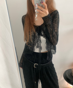 カーディガン フリルパンチングリボンカーディガン BLACK