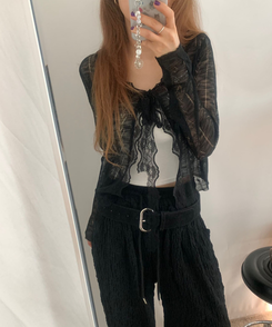 カーディガン フリルパンチングリボンカーディガン BLACK