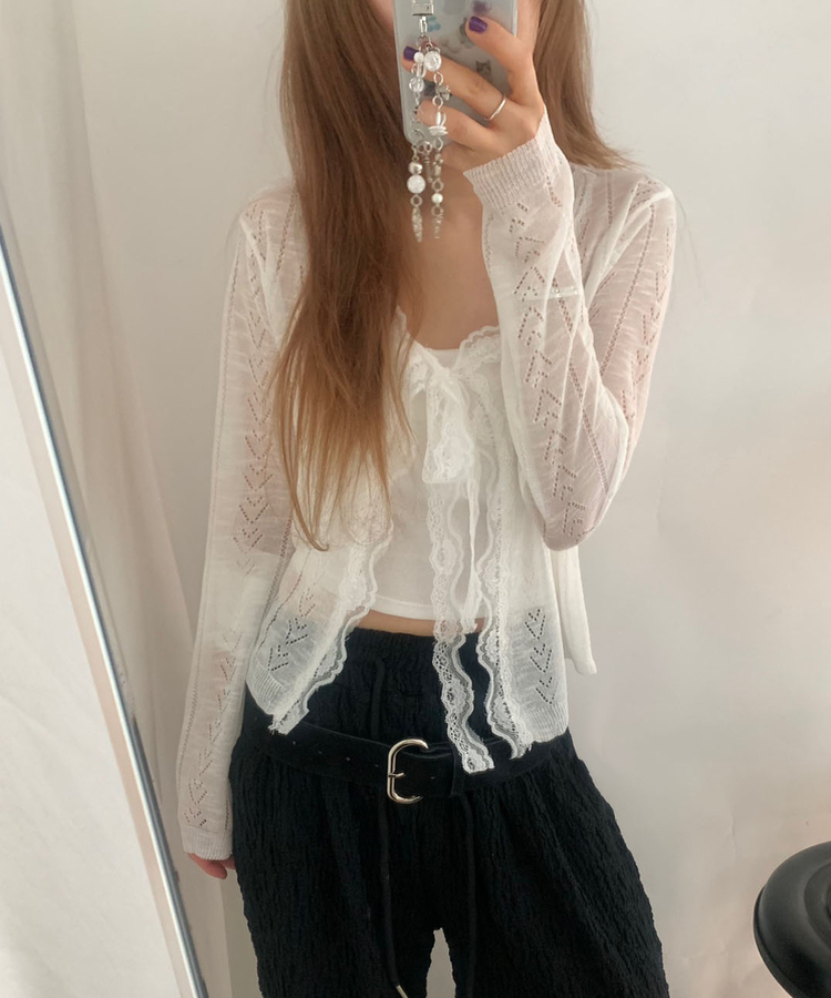 フリルパンチングリボンカーディガン IVORY