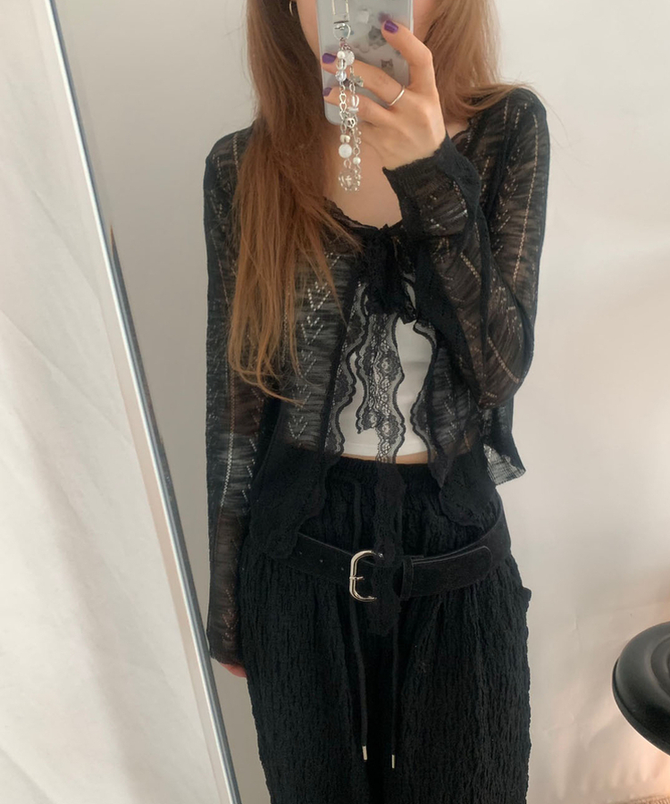 フリルパンチングリボンカーディガン BLACK