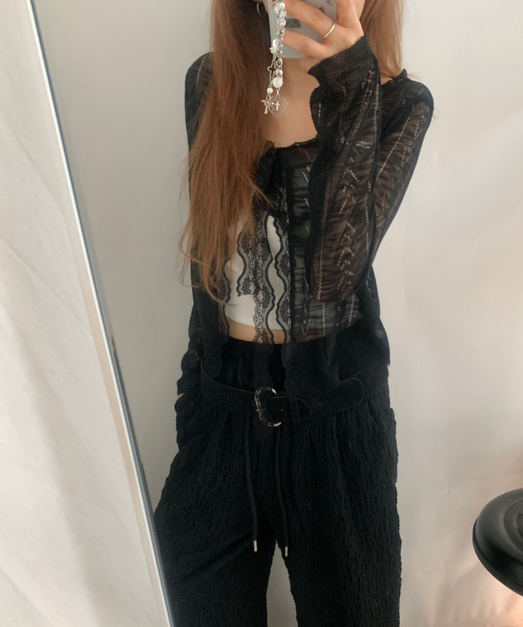 フリルパンチングリボンカーディガン BLACK