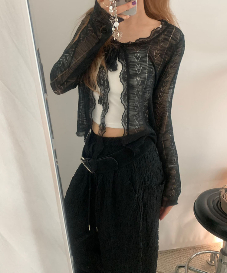 フリルパンチングリボンカーディガン BLACK