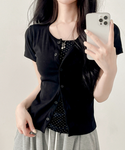 半袖Tシャツ ドットレイヤードカーディガン半袖Tシャツ BLACK