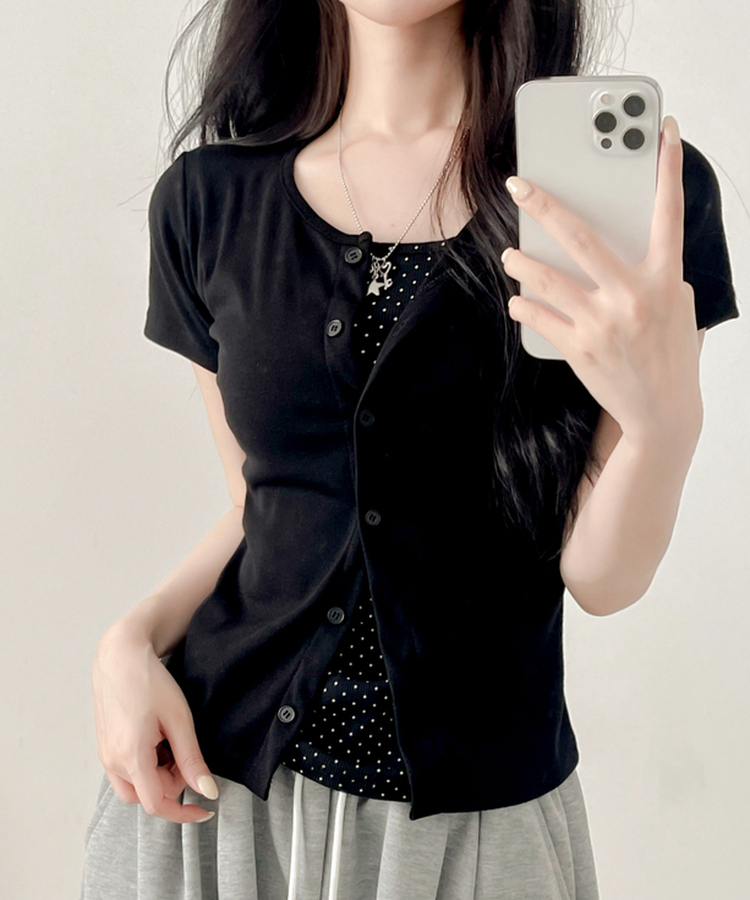 ドットレイヤードカーディガン半袖Tシャツ BLACK