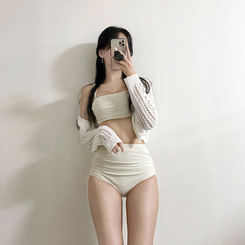 ビキニ 【カップ付き】シャーリングハイウエストビキニ IVORY