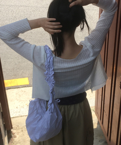 バッグ ストライプシャーリングショルダーバッグ BLUE