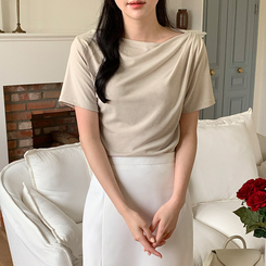 半袖Tシャツ (半袖ver./ボートネック/華奢見え♥)プルア ドレープシャーリング 半袖Tシャツ BEIGE