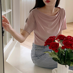 半袖Tシャツ (半袖ver./ボートネック/華奢見え♥)プルア ドレープシャーリング 半袖Tシャツ PINK