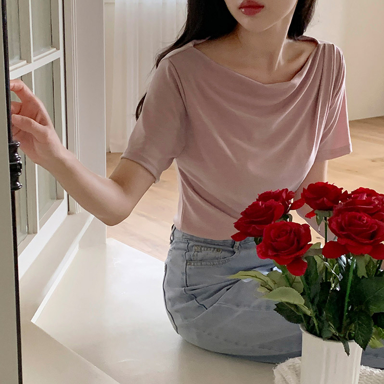 （半袖ver./ボートネック/華奢見え♥）プルア ドレープシャーリング 半袖Tシャツ PINK