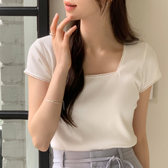 半袖Tシャツ アイリン レース スクエアネック リブ 半袖Tシャツ IVORY