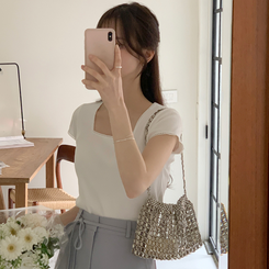半袖Tシャツ アイリン レース スクエアネック リブ 半袖Tシャツ IVORY