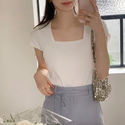 半袖Tシャツ アイリン レース スクエアネック リブ 半袖Tシャツ IVORY