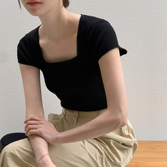 半袖Tシャツ アイリン レース スクエアネック リブ 半袖Tシャツ BLACK