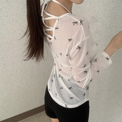 長袖Tシャツ 【SET】リボンシースルー長袖Tシャツ ホルターブラトップ IVORY