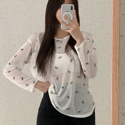 長袖Tシャツ 【SET】リボンシースルー長袖Tシャツ ホルターブラトップ IVORY