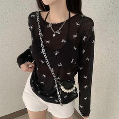 長袖Tシャツ 【SET】リボンシースルー長袖Tシャツ ホルターブラトップ BLACK