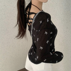 長袖Tシャツ 【SET】リボンシースルー長袖Tシャツ ホルターブラトップ BLACK