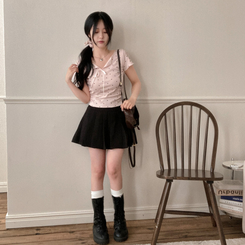 半袖Tシャツ 【シュシュ付き】リボンハートドットフリル半袖Tシャツ(6color) PINK