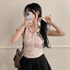 半袖Tシャツ 【シュシュ付き】リボンハートドットフリル半袖Tシャツ(6color) PINK