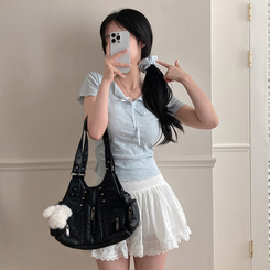 半袖Tシャツ 【シュシュ付き】リボンハートドットフリル半袖Tシャツ(6color) SKY BLUE