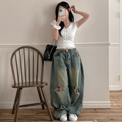 半袖Tシャツ 【シュシュ付き】リボンハートドットフリル半袖Tシャツ(6color) IVORY