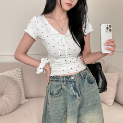 半袖Tシャツ 【シュシュ付き】リボンハートドットフリル半袖Tシャツ(6color) IVORY
