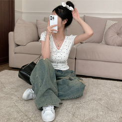 半袖Tシャツ 【シュシュ付き】リボンハートドットフリル半袖Tシャツ(6color) IVORY