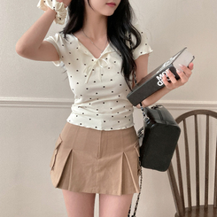 半袖Tシャツ 【シュシュ付き】リボンハートドットフリル半袖Tシャツ(6color) LIGHT YELLOW