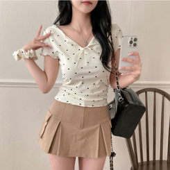 半袖Tシャツ 【シュシュ付き】リボンハートドットフリル半袖Tシャツ(6color) LIGHT YELLOW