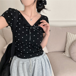 半袖Tシャツ 【シュシュ付き】リボンハートドットフリル半袖Tシャツ(6color) BLACK