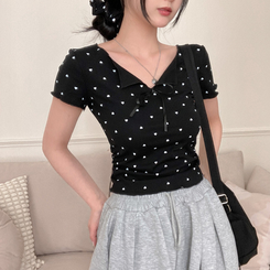 半袖Tシャツ 【シュシュ付き】リボンハートドットフリル半袖Tシャツ(6color) BLACK