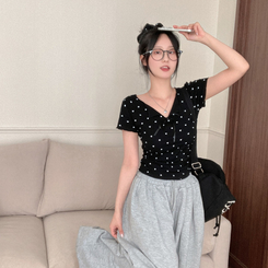 半袖Tシャツ 【シュシュ付き】リボンハートドットフリル半袖Tシャツ(6color) BLACK