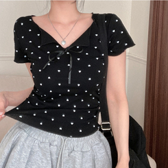 半袖Tシャツ 【シュシュ付き】リボンハートドットフリル半袖Tシャツ(6color) BLACK