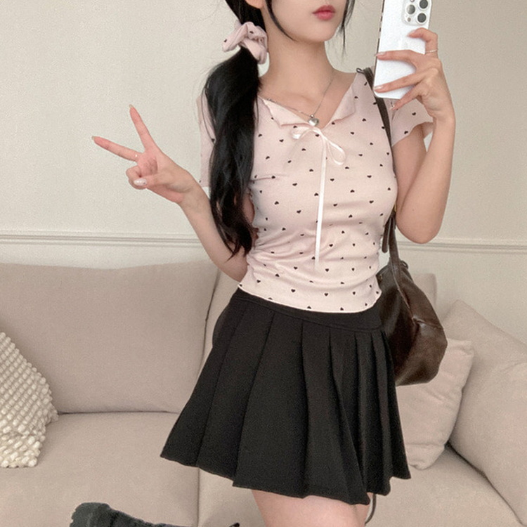 【シュシュ付き】リボンハートドットフリル半袖Tシャツ(6color) PINK