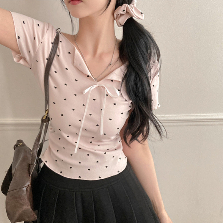 【シュシュ付き】リボンハートドットフリル半袖Tシャツ(6color) PINK