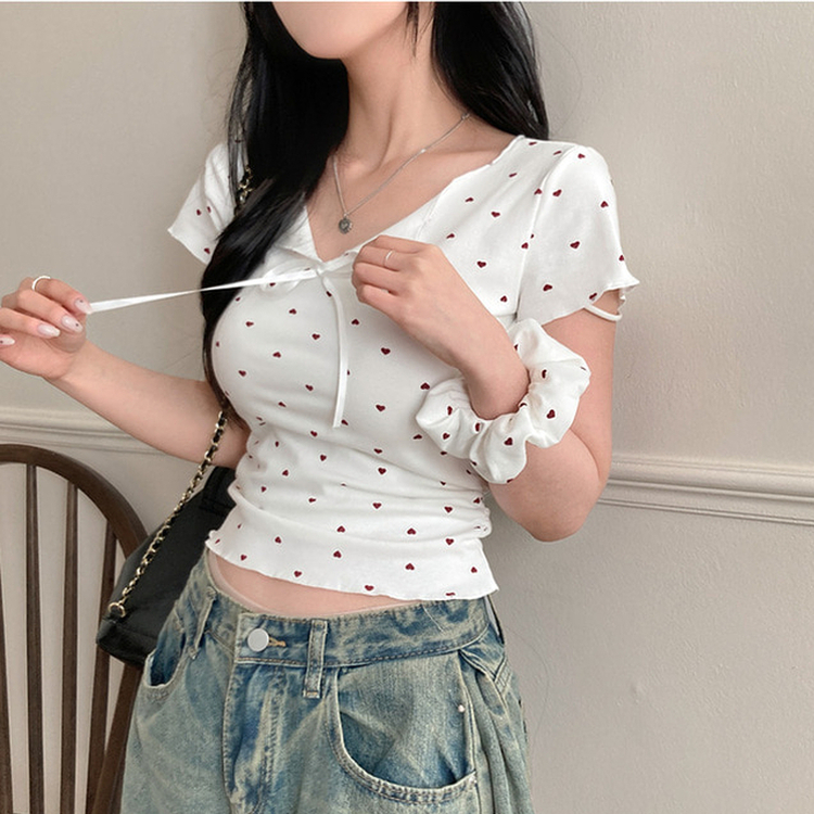 【シュシュ付き】リボンハートドットフリル半袖Tシャツ(6color) IVORY