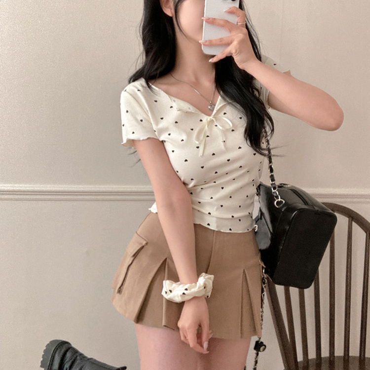 【シュシュ付き】リボンハートドットフリル半袖Tシャツ(6color) LIGHT YELLOW