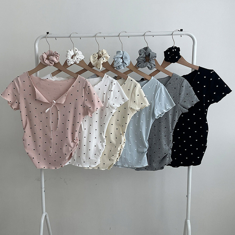 【シュシュ付き】リボンハートドットフリル半袖Tシャツ(6color)